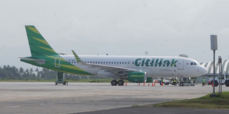 Pesawat Citilink yang melakukan penerbangan internasional perdana dari Banyuwangi, Jawa Timur menuju Kuala Lumpur, Malaysia, Rabu (19/12/2018).