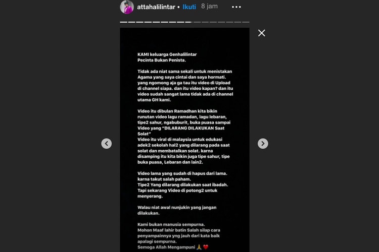 Instagram Story Atta Halilintar, Sabtu (16/11/2019). Atta menjelaskan perihal tudingan penistaan agama yang dialamatkan padanya.