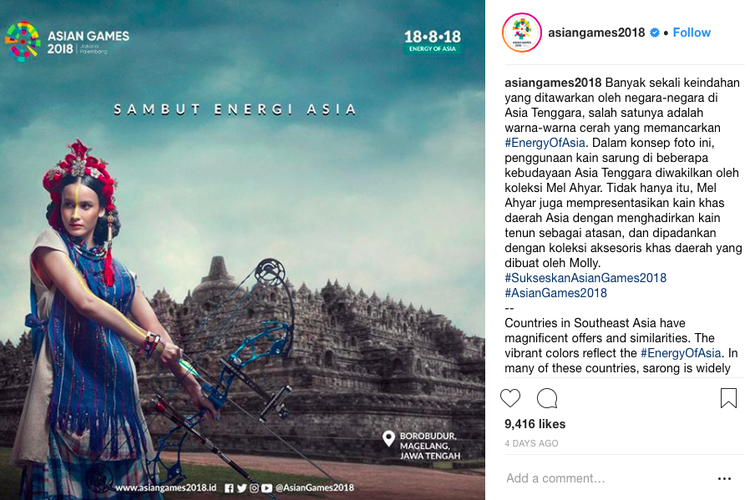 Terinspirasi dengan beberapa budaya di Asia Tenggara dengan model membawa panah sebagai representasi dari olahraga panahan. Latar belakang wisata Indonesia, Candi Borobudur, Magelang, Jawa Tengah.