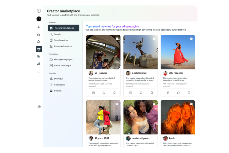 Tampilan Instagram marketplace kreator, tempat khusus di dalam aplikasi Instagram, di mana brand dan kreator dapat saling bertemu dan mencari peluang untuk kerja sama.
