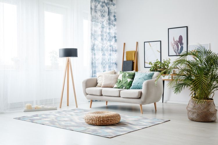 Ilustrasi ruang keluarga bergaya Skandinavia.