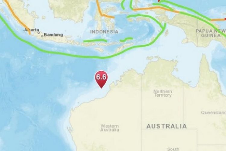 Pusat gempa magnitudo 6,6 pada Minggu (14/7/2019) yang bersumber dari Samudera Hindia wilayah Australia. 