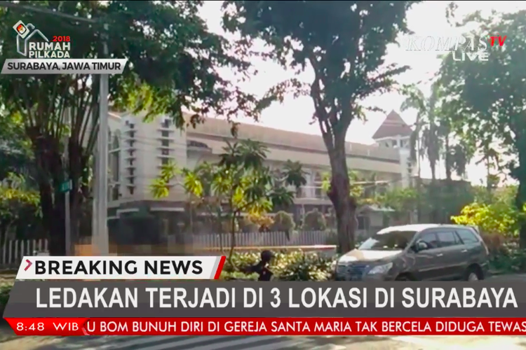Siaran langsung Kompas TV mengenai ledakan bom yang terjadi di tiga gereja di Surabaya, Jawa Timur, Minggu (13/5/2018).