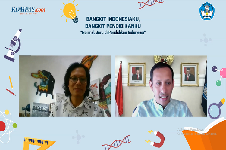 Menteri Pendidikan dan Kebudayaan (Mendikbud) Nadiem Anwar Makarim dalam bincang-bincang Kompas.com dengan tema ?Bangkit Indonesiaku, Bangkit Pendidikanku?, Jumat (2/10/2020) (Dok. Youtube/Kompas.com)