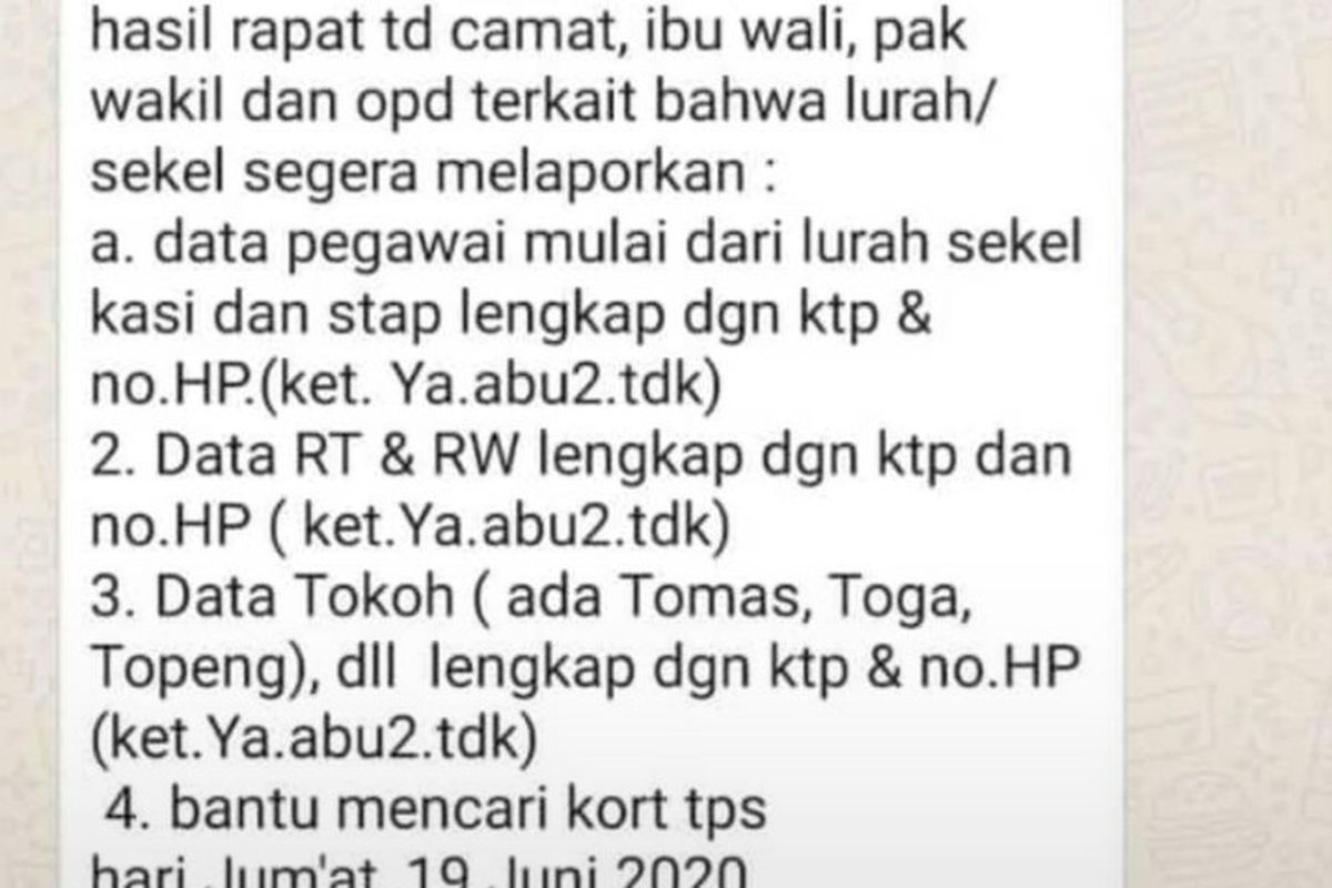 Sebuah pesan singkat yang berisi perintah terhadap Lurah di Tangerang Selatan untuk meminta data diri jajarannya hingga ketingkat ketua RT, viral melalui whatsapp, Kamis (18/6/2020).