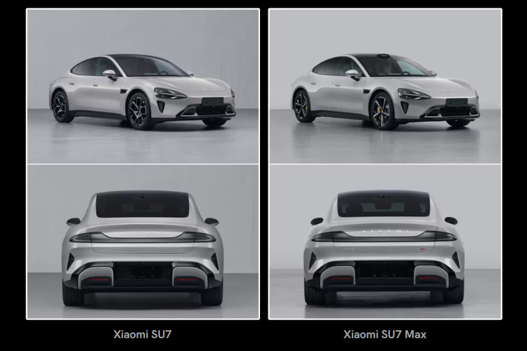 Ilustrasi perbandingan mobil listrik Xiaomi SU7 dan SU7 Max.