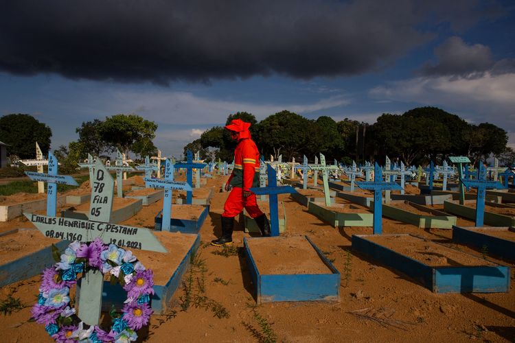 Seorang penggali makam berjalan di antara kuburan korban Covid-19 di Pemakaman Nossa Senhora Aparecia di Manaus, Amazonas pada 29 April 2021. Braisl, dengan populasi 212 juta, melewati 400.000 korban meninggal karena virus corona.