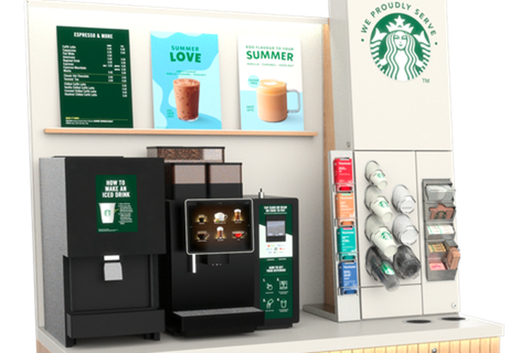We Proudly Serve Starbucks - Self Serve Solutions di Pameran Food and Hotel Indonesia 2023. 