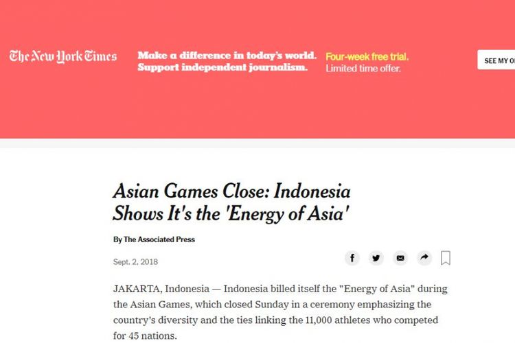 The New York Time Puji Asian Games di Indonesia melalui berita tanggal 2 September 2018.