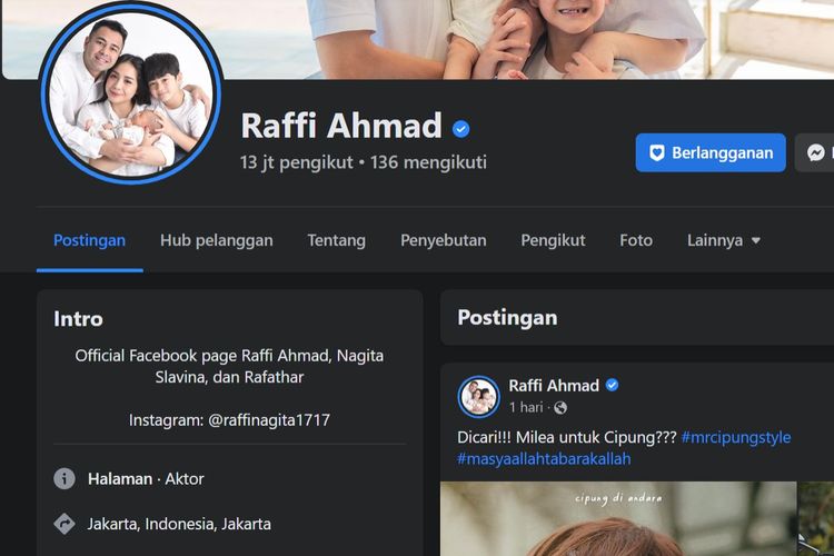 Tangkapan layar akun Facebook asli milik Raffi Ahmad