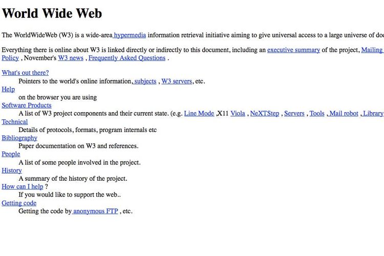 Tampilan situs pertama di dunia buatan Tim Berners-Lee.