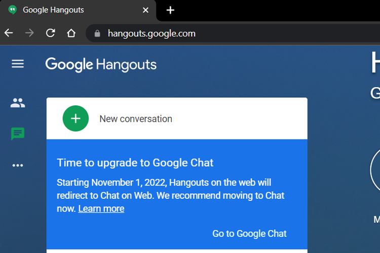 Imbauan di situs Google Hangout untuk beralih ke Google Chat.