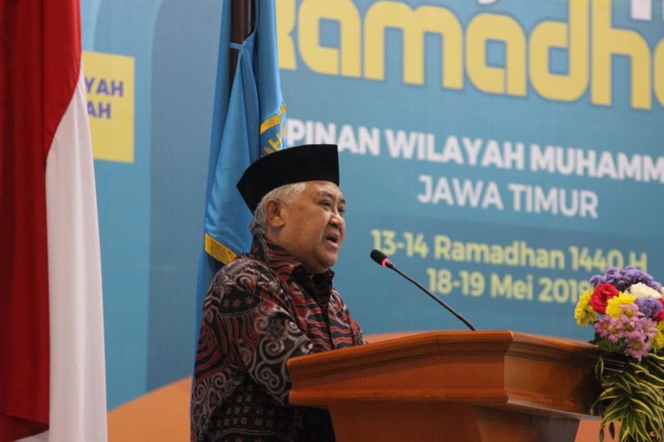 Mantan Ketua Umum Pimpinan Pusat Muhammadiyah, Din Syamsuddin saat menghadiri Kajian Ramadhan oleh PWMU Jawa Timur di Universitas Muhammadiyah Malang (UMM), Minggu (19/5/2019). 