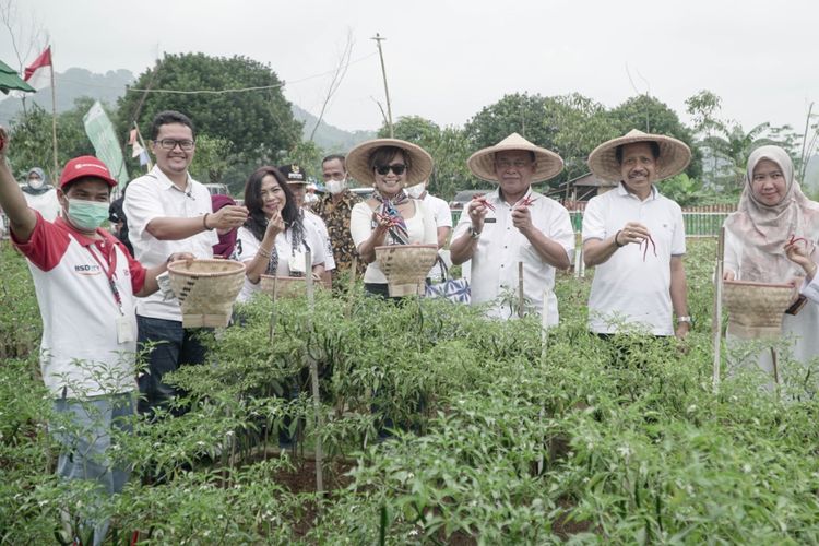 Penyerahan bantuan Kemitraan Petani Lokal secara simbolis dari Managing Director President Office Sinar Mas Land Dony Martadisata didampingi Head of Corporate Social Responsibility Sinar Mas Land Maria Chatarina Octaviana kepada Camat Rumpin Ade Zulfahmi Kepala Dinas Penanaman Modal dan Pelayanan Terpadu Satu Pintu Kabupaten Bogor, Dace Supriadi  di wilayah Kecamatan Rumpin, Kabupaten Bogor, Jawa Barat.