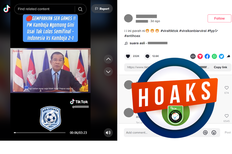 Tangkapan layar unggahan dengan narasi hoaks di sebuah akun TikTok, Sabtu (13/5/2023), soal video PM Kamboja marah akibat tidak lolos semifinal Sea Games 2023.