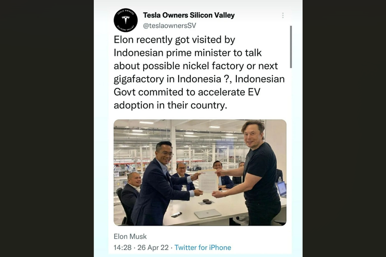 Unggahan di akun Tesla Owners Silicon Valley tercatat diunggah pukul 14.28 pada Selasa (26/4/2022), setelah pertemuan CEO Tesla Elon Musk dengan Menteri Koordinator Bidang Kemaritiman dan Investasi (Menko Marves) Luhut Binsar Pandjaitan di AS.