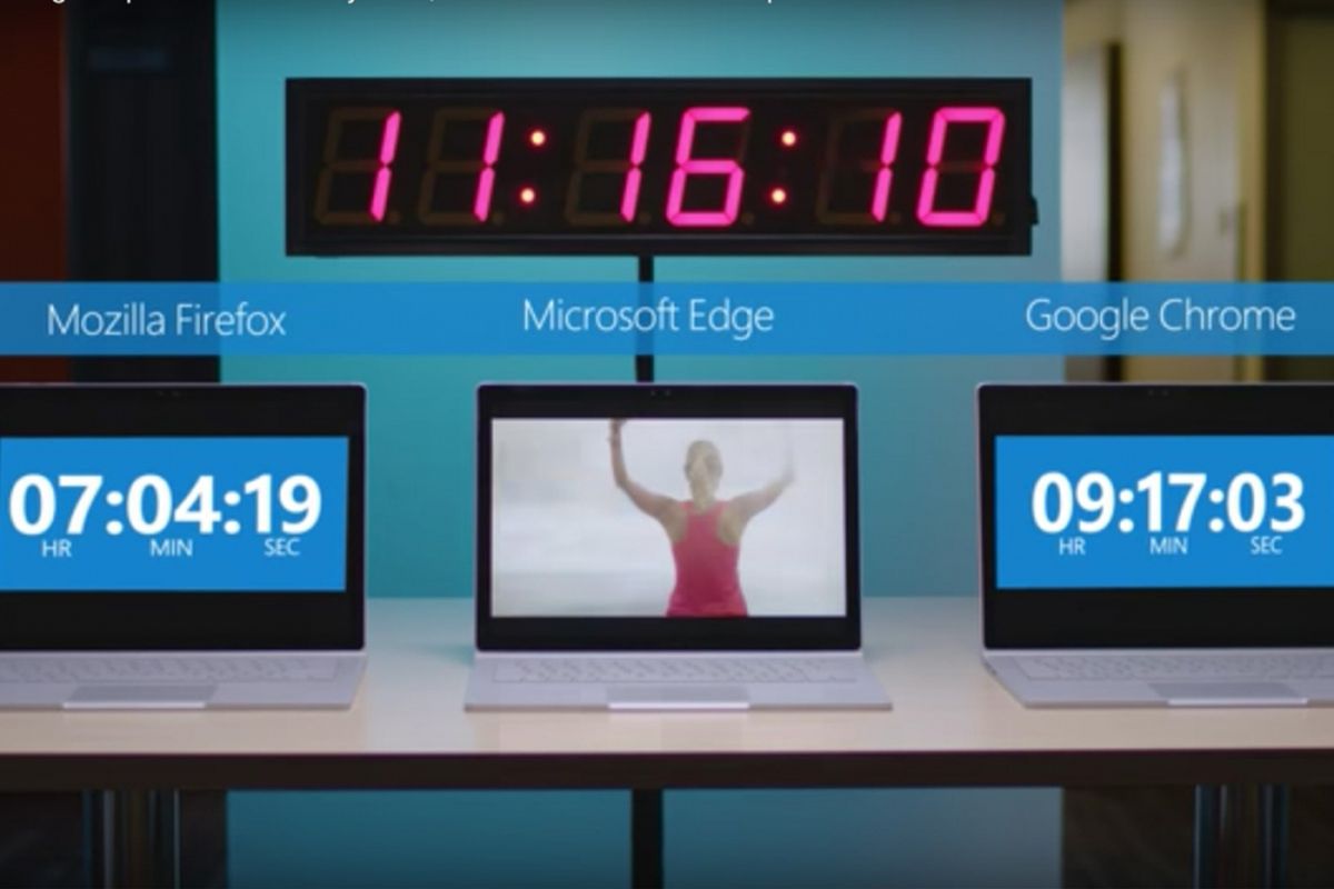 Potongan video pengujian efisiensi baterai tiga peramban oleh Microsoft. 