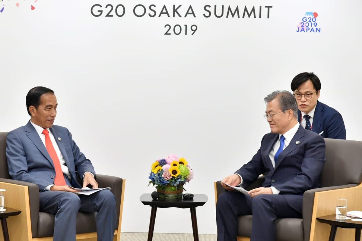 Presiden Joko Widodo berbicara di forum G20 di Osaka, Jepang, Jumat (28/6/2019).