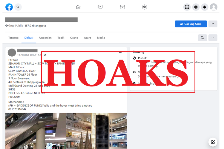 Tangkapan layar narasi hoaks di sebuah akun Facebook, Kamis (18/8/2022), soal informasi dijualnya Senayan City Mall seharga Rp 4,5 triliun.