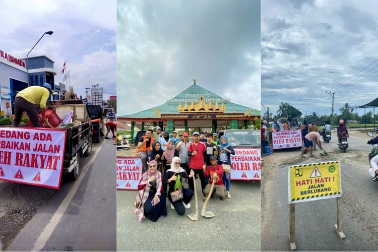 Kelompok pemuda di Kabupaten Pringsewu, Lampung, memperbaiki lubang jalan secara swadaya, Minggu (9/3/2025).