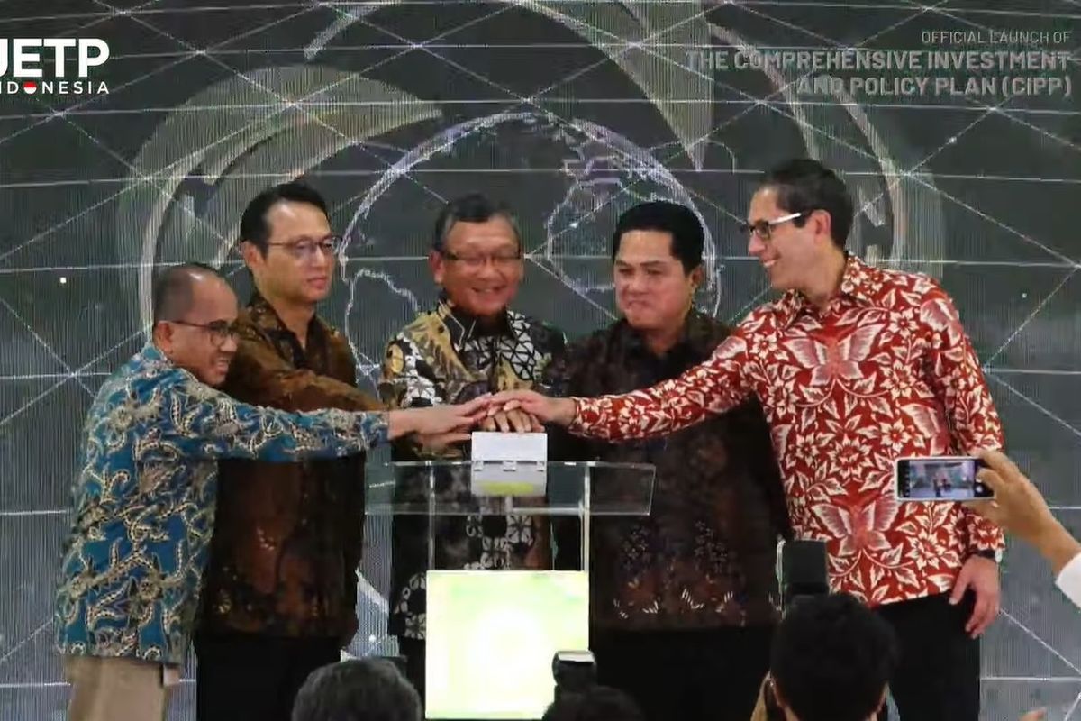 Tangkapan layar dari video yang menampilkan peluncuran dokumen rencana investasi dan kebijakan komprehensif atau comprehensive investment and policy plan (CIPP) Just Energy Transition Partnership (JETP) pada Selasa (21/11/2023).