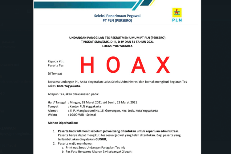 Tangkapan layar hoaks surat panggilan tes rekrutmen umum PT PLN (Persero) yang berlokasi di Yogyakarta.