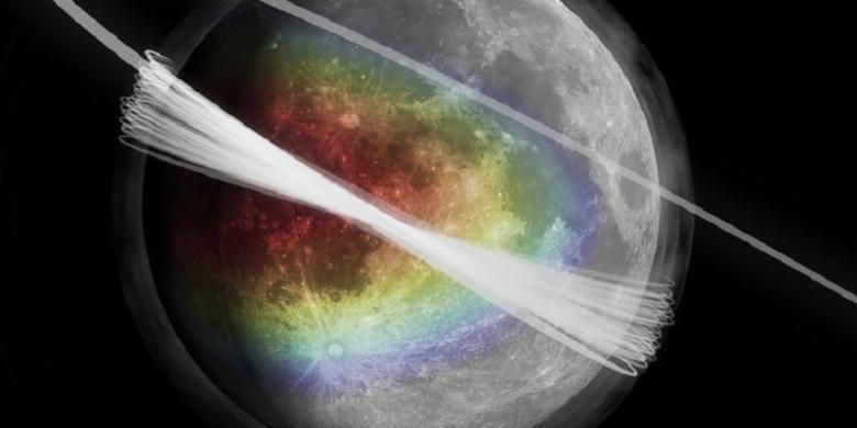 Ilustrasi bulan dengan awan debu yang menyelimutinya serta orbit wahana LADEE.