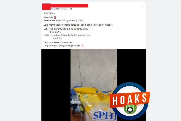 Tangkapan layar Facebook narasi yang menyebut beras SPHP mengandung plastik
