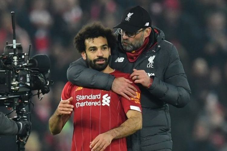 Mohamed Salah dan Juergen Klopp pada laga Liverpool vs Manchester United dalam lanjutan pekan ke-23 Liga Inggris 2019-2020.