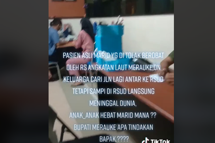 Tangkapan layar video bernarasi Rumah Sakit Angkatan Laut (RSAL) Lantamal XI Merauke disebutkan menolak pasien anak hingga berakhir meninggal, viral di media sosial.