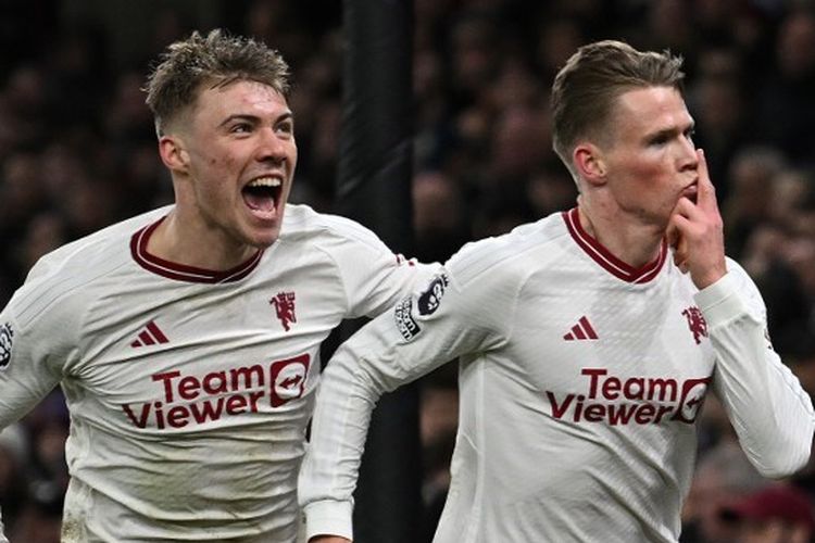 Gelandang Man United, Scott McTominay, berselebrasi bersama Rasmus Hojlund dalam lanjutan Liga Inggris antara Aston Villa vs Man United di Stadion Villa Park pada 11 Februari 2024. Artikel ini berisi hasil dan klasemen Liga Inggris.