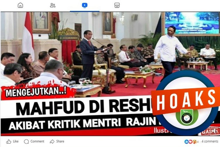 Tangkapan layar Facebook narasi yang menyebut Mahfud MD direshuffle dari Kabinet Indonesia Maju