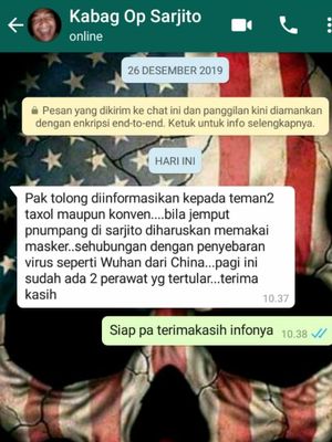 Tangkapan layar dari sebuah percakapan yang menyebut bahwa dua orang perawat di RSUP Sardjito tertular virus corona.