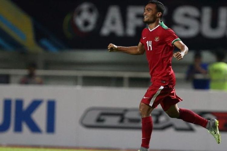 Rizky Pora gembira merayakan keberhasilan mencetak gol ke gawang Thailand pada semifinal pertama Piala AFF 2016 di Stadion Pakansari, Rabu (14/12/2016). 