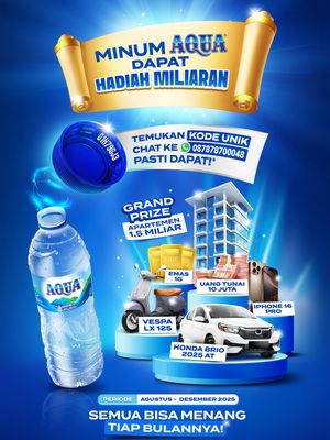 Program spesial Minum AQUA Dapat Hadiah Miliaran yang berlangsung dari 1 Agustus hingga 31 Desember 2025 menawarkan hadiah langsung tanpa undian bagi konsumen yang menemukan tutup botol berkode unik.