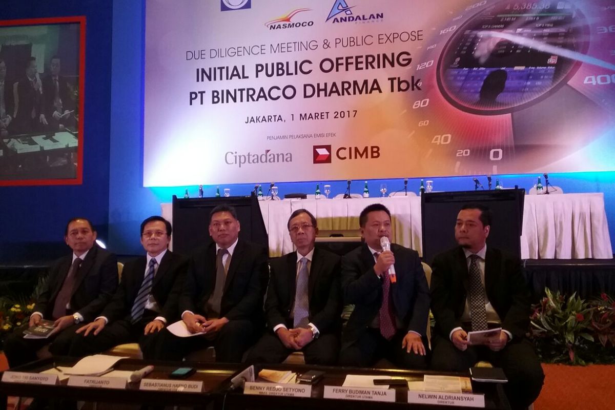PT Industri dan Perdagangan Bintraco Dharma Tbk akan melakukan penawaran saham perdana (IPO) pada Maret 2017, di Bursa Efek Indonesia, Jakarta, Rabu (1/3/2017).