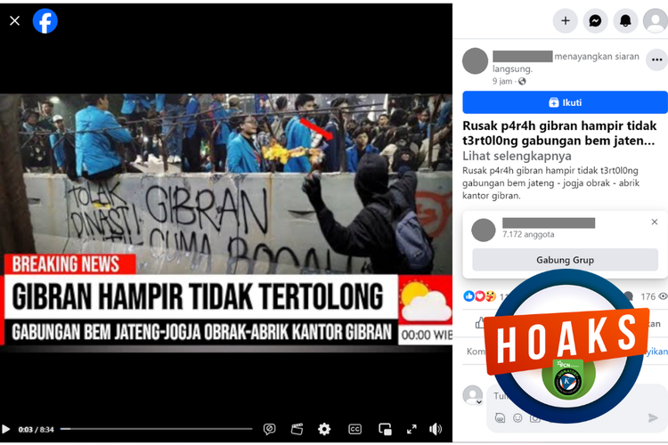 Tangkapan layar konten hoaks di sebuah akun Facebook, Rabu (20/12/2023), soal mahasiswa Jateng dan DIY merusak kantor Gibran.