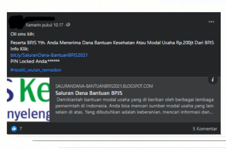 Tangkapan layar informasi soal dana bantuan sebesar Rp 200 juta yang mengatasnamakan BPJS Kesehatan.