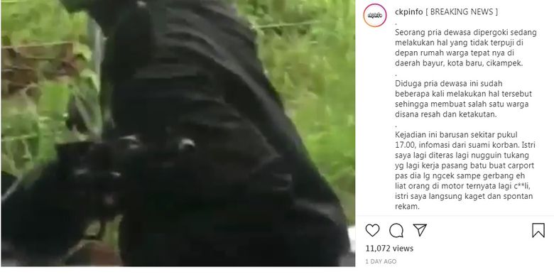 Video viral aksi eksibisionis yang meresahkan di Karawang, diunggah oleh akun instagram @ckpinfo. 
