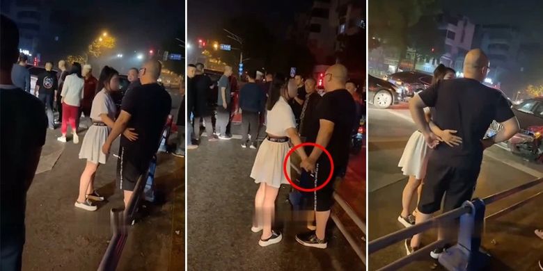 Potongan gambar yang beredar di media sosial China Weibo memperlihatkan seorang wanita memeluk dan mencoba memegang tangan dengan seorang pria, demi mendapat belas kasihan setelah mobilnya bertabrakan dengan mobil pria itu.