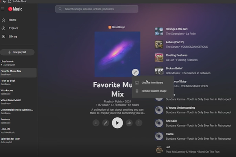 Tampilan gamnbar atau thumbnail playlist Youtube Music yang bisa digonta-ganti pakai gambar sendiri.