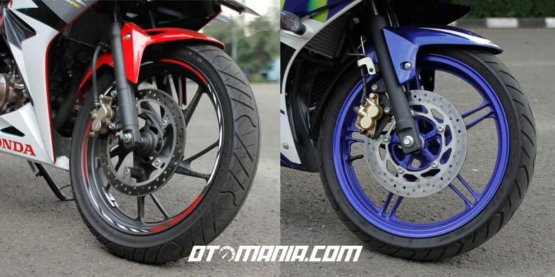 Kaki depan Yamaha R15 dan CBR 150. Rem cakram jadi perangkat standar pengerema kedua motor ini