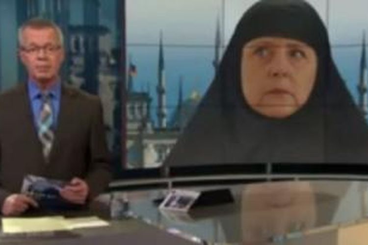 Foto Kanselir Jerman Angela Merkel hasil olahan photoshop mengenakan jilbab yang ditayangkan televisi Jerman.