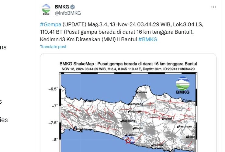 Gempa Magnitudo 3,4 Guncang Bantul Yogyakarta, Kedalaman 12 Km