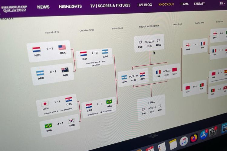 Tampilan jadwal semifinal Piala Dunia 2022 Qatar di website fifa.com.