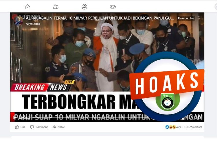 Tangkapan layar Facebook narasi yang menyebut Ngabalin terbukti menerima uang Rp 10 miliar untuk menjadi beking Panji Gumilang