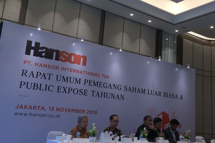 Rapat Umum Pemegang Saham Luar Biasa (RUPSLB) dan Public Expose Tahunan PT Hanson International Tbk di Jakarta, Rabu (13/11/2019).