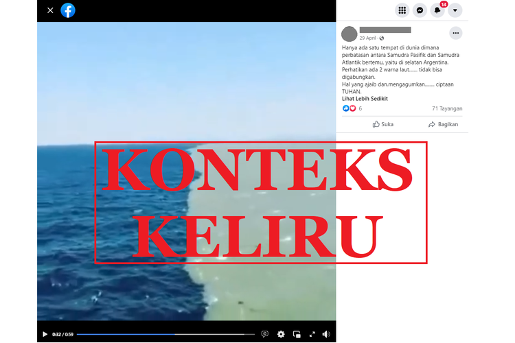 Tangkapan layar unggahan dengan kontes keliru di sebuah akun Facebook, 29 April 2022, soal video yang menampilkan dua warna air berbeda yang diklaim sebagai perbatasan Samudra Pasifik dan Atlantik.