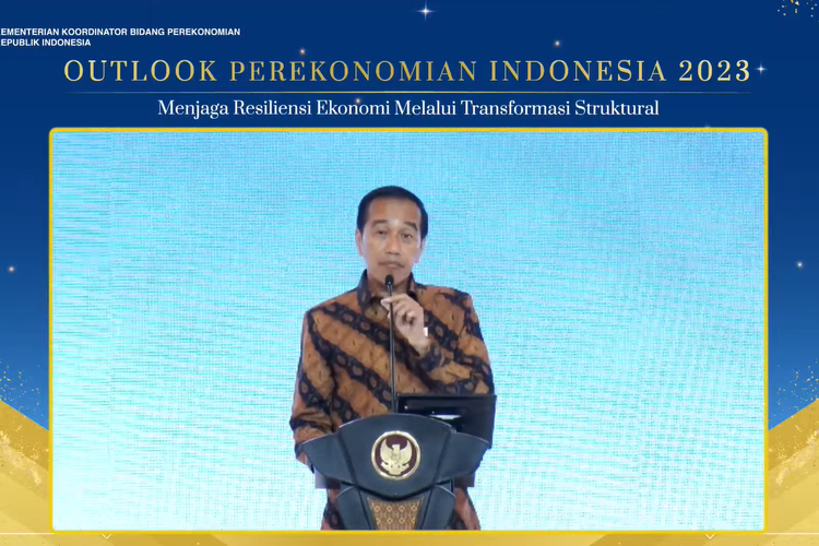 A screen grab from the Coordinating Ministry for Economic Affairs YouTube Channel when President Joko Widodo delivers his speech at the 2023 Indonesia Economic Outlook on Wednesday, December 21, 2022.  