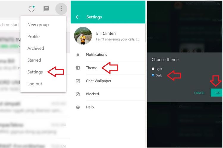 Cara mengaktifkan fitur dark mode di Whatsapp Web.